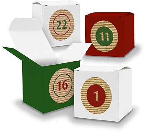 DIY itenga AdventskalenderSet V15 Z10 zum Selberbefüllen 24x Quader Würfel gemischt dunkelgrün dunkelrot weiß + Sticker