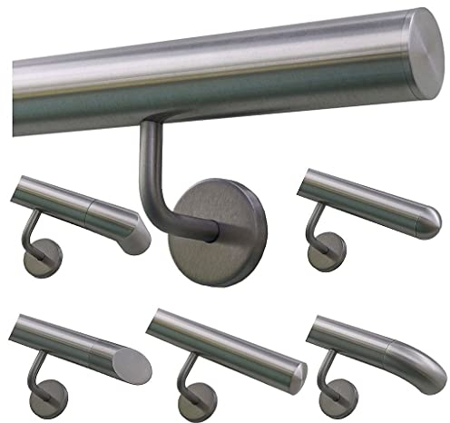 TIBU Handlauf Geländer Edelstahl Ø 42,4 mm - Länge 200 cm - Ende gerade Kappe und gewinkelte Halter - Rostfrei für Außen und Innen