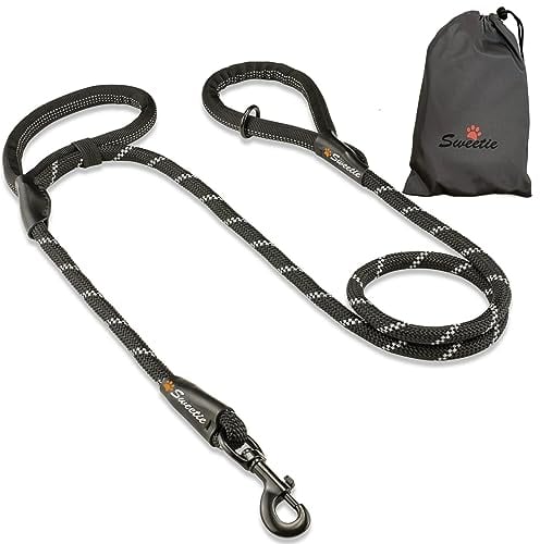 Sweetie Rope Dog Lead - Strong Leash Black with 2 Comfortable Padded Handles 5 FT for Medium & Large Size Pets - Reflective, Weather Resistant & O-Ring. Black