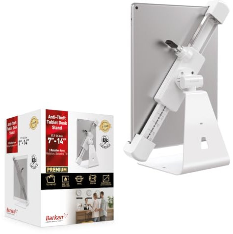 Barkan Abschließbare Tablet-Halterung für 7-14-Zoll-Geräte, Diebstahlschutz, Schreibtischständer, 360-Grad-Rotationshalterung, passend für Apple iPad/Air/Mini, Samsung Galaxy Tab, Fire HD 7/8/10