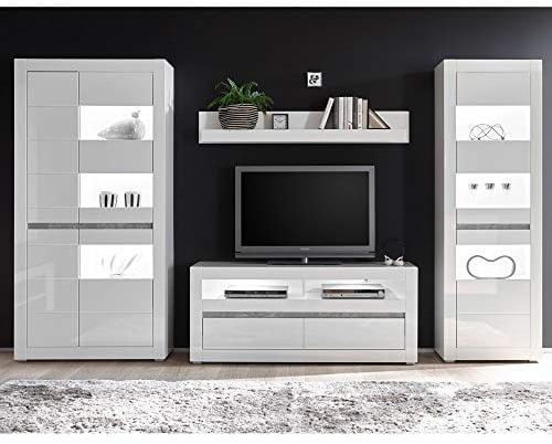 Lomadox Wohnwand in Weiss Hochglanz Breite: 336cm inkl. 2 Vitrinen mit LED-Beleuchtung