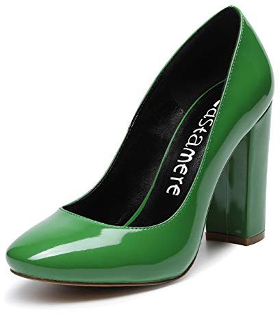 Castamere Mujer Clásico Tacón Ancho Zapatos de Tacón Confort Punta Redonda Zapatos Mujer Sexy Boda Vestido Partido Oficina Tacones Altos 10cm Charol Verde EU 37.5