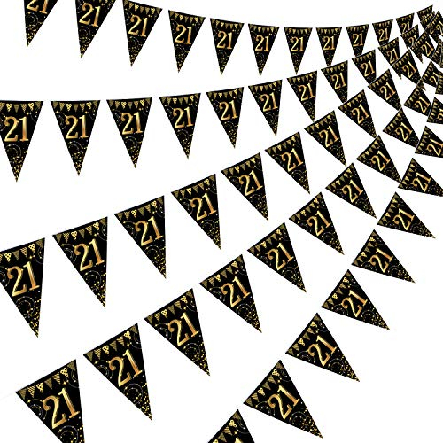 Happy Birthday Banner Bunting Flaggen 5 Stück Gold und Schwarz Funkeln Geburtstag Jahrestag Party Dekoration Zubehör, 7,4 x 10,8 Zoll (21. Geburtstag)