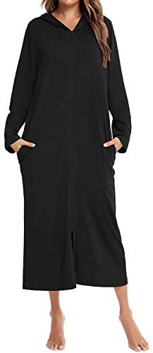 Lu's Chic Langer Damen-Bademantel mit Kapuze und Reißverschluss, volle Länge, solide Tasche, Hausmantel, Nachtwäsche, Schwarz, XX-Large