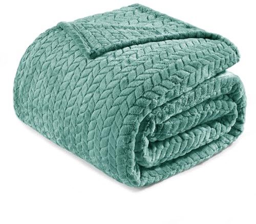 Exclusivo Mezcla Queen Size Fleece Blanket for Bed, 230x230 CM Soft Cozy Jacquard Flannel Blankets, Lightweight Fuzzy Plush Warm for All Seasons, Celadon
