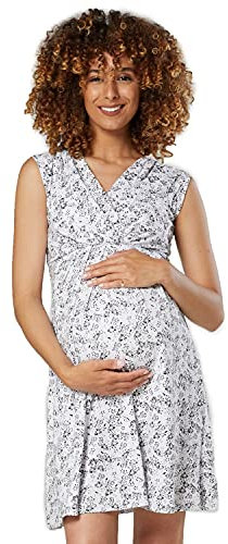 HAPPY MAMA. Para Mujer Vestido Skater premamá de Lactancia. Escote de Pico. 808p (Blanca con Flores Negras, 36, S)