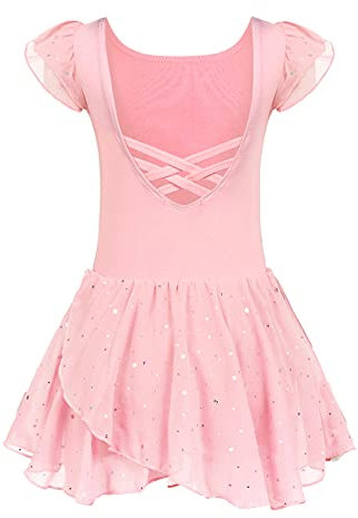 Arshiner Ballettkleidung Mädchen Baumwolle Ballettkleid Rosa Kurzarm Ballettanzug Balletttrikot Tanzkleid Ballerina Kleid Tanzbody mit Rock Tütü 7-8 Jahre