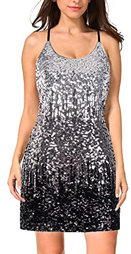 Maner Damen Classic Figurbetontes Paillettenkleid mit verstellbarem Spaghettiträger, U-Ausschnitt und Tankärmeln