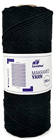 Leviatan Hilo Natural | 200m de Cordón Retorcido Simple Súper Suave | Cuerda de Macramé de Algodón 100% para Manualidades | Decoración de Bodas y Navidad | 3mm x 200m | Negro