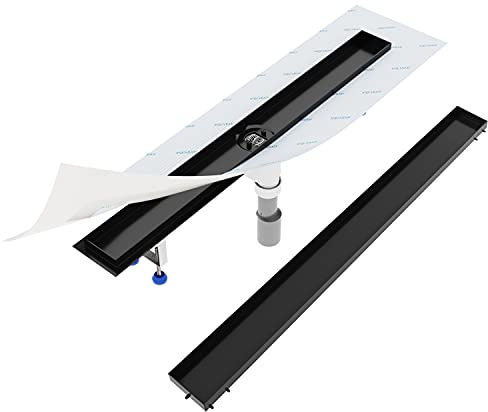 Aquabad Duschrinne SDS Schwarz Matt aus Edelstahl, Komplett Set - befliesbare Mulde, Siphon und Haarsieb, Länge 120 cm, senkrechter Abgang Mitte