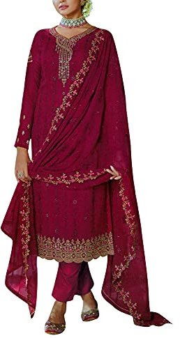 Abito da sposa in tinta unita Georgette Zari ricamo oro Salwar Kameez con Dupatta Cutwork, Rani rosa., Large