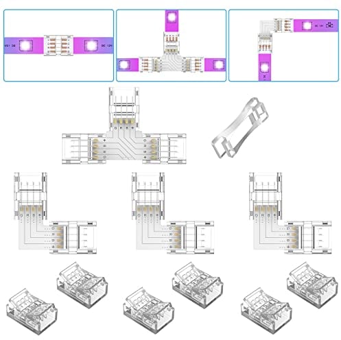 REDTRON LED Strip Verbinder für 4 polig 10mm RGB SMD 5050 LED Strip Zubehör, 6X LED Streifen Verbinder, 3X Eckverbinder, 1x T-förmige Verbinder, 1x Offener Clipverschluss(Aufgerüstet, Transparent)