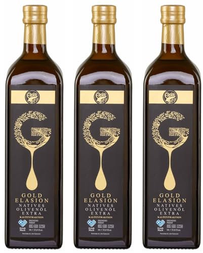 Elasion Gold Olivenöl 0,3% aus Kreta 3x 1,0l Flasche | Griechisches Olivenöl | Extra nativ | Sortenrein | + 20ml Jassas Olivenöl