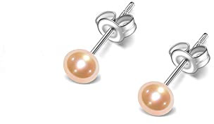 TreasureBay Women's Small Pearl Stud Earrings Stunning 5mm Freshwater Pearl Stud Earrings With 925 Silver (PINK)