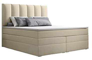 GREKPOL- Boxspringbett mit Bonell und Taschenfederkern-Matratze H3 (2x18 cm) und Topper 5 cm, Polsterbett mit Bettkasten -Long Duo (Beige (Riviera 21), 180x 200 cm)