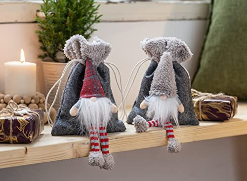 2x Geschenkbeutel Wichtel aus Teddystoff & Filz, grau, 14x18 cm, Geschenktasche für Weihnachten
