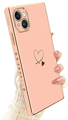 Newseego Compatible with iPhone 14 Plus Case, Square Cute Plating Love-heart Pattern 14 Plus Phone Case for Women Girls TPU Shockproof Full Camera Lens Protection iPhone 14 Plus Case + Chain -Pink