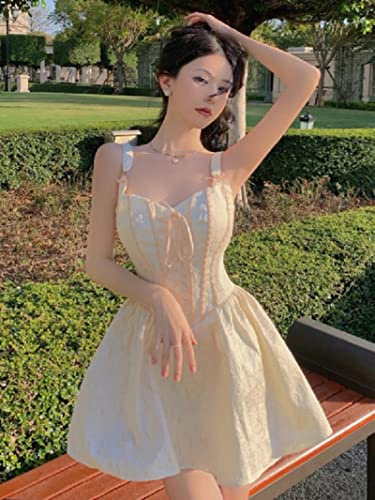DIANN Korean Sexy Frauen Süßes Minikleid Sommer Spaghettibügel Schleife Aprikose Rückenfreier Verband Elegantes Prinzessinkleid Kurze Y2K Kleider-Fotofarbe,S