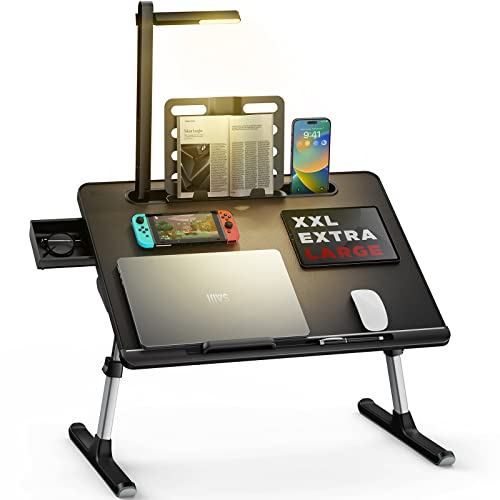 Laptop tray, Lapdesk, SAIJI 3 Light Modes Bed Desk, Height Adjustable, with Book Stand, Drawer, Tablet Slot, For Read, Study, Work, Breakfast (Black 23.6 * 17.7'')