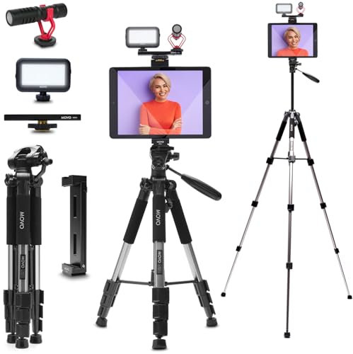 Movo Tablet Vlogging Kit for iPad - iPad Vlogging Kit with Tablet Holder, Full Size Tripod, LED Light, Cold Shoe Extension - YouTube Starter Kit with iPad Tripod Holder for Video Recording