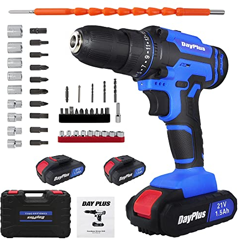 21V Akku-Schlagschrauber Akku Bohrschrauber Set mit 2x1500mAh Akkus, Bohrmaschine LED-Arbeitslicht Power Impact Gun 1/2Spannfutter, 45Nm Max. Drehmoment,2 Gang LED-Licht und Koffer