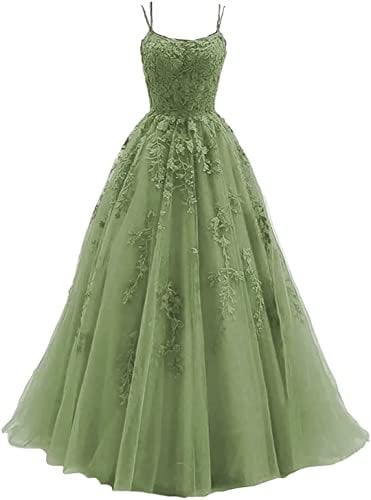 HYEC7 Women's Spaghetti Straps Tulle Prom Dresses Long Lace Appliques Ball Gown Formal Evening Party Gowns Sage Green