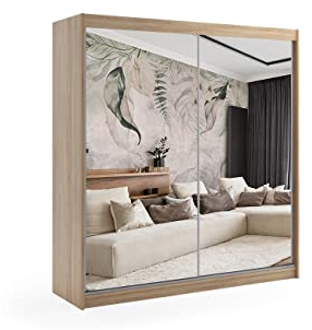 ALTDECOR Kleiderschrank mit Spiegel und Schiebetüren, kugelgelagerte Führungsschienen und Aluminium-Leisten - DEBI - 200 cm Sonoma
