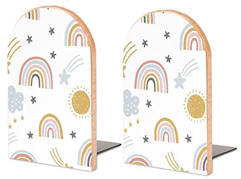 Packung Mit 2 Buchstützen Sterne Regenbogen Rutschfester Bücherständer Aus Holz Bücherregal Bücherhalter Für Home Desk Office Library