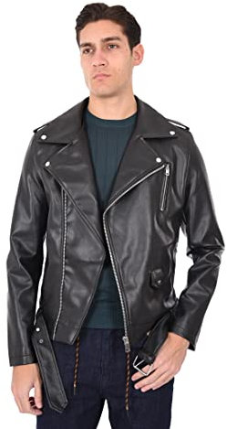 Ciabalù Giubbotto Uomo in Eco Pelle Giacca Biker Chiodo Simil Pelle Slim Fit (S, Nero)