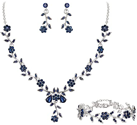 Clearine Damen Hochzeit Schmuck Set für Party Prom Blatt Cluster Blume Kristall Anhänger Halskette baumeln Ohrringe und Armband für Saphir Farbe Silber Ton