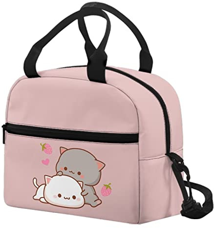 HELLHERO Kawaii - Bolsa de almuerzo con diseño de gato y fresa para niñas de 8 a 10, 10 a 12 años, lonchera térmica portátil, bolsa de almuerzo, organizador de preparación de comidas, trabajo,