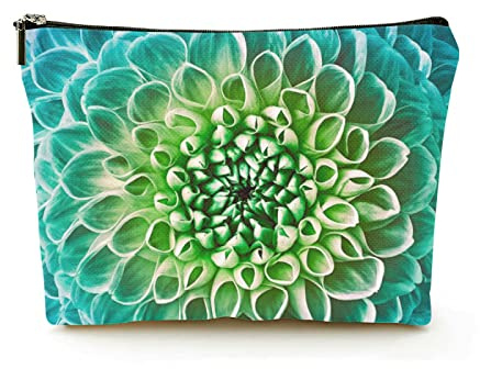 Trousse de Maquillage Haut de Gamme pour Femmes, Sacs à cosmétiques de Voyage en Lin, Fleur de Dahlia Turquoise-Vert, étui à cosmétiques Durable