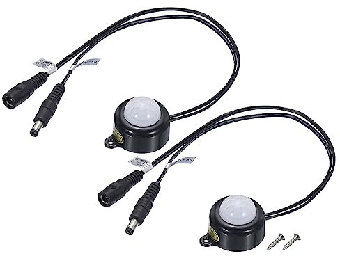 sourcing map DC 6V-24V 5A PIR Motion Activated Sensor Switch with DC Coupler Cable for Kitchen Cabinet LED Strip Light, with Light Sensor Black 2Pcs