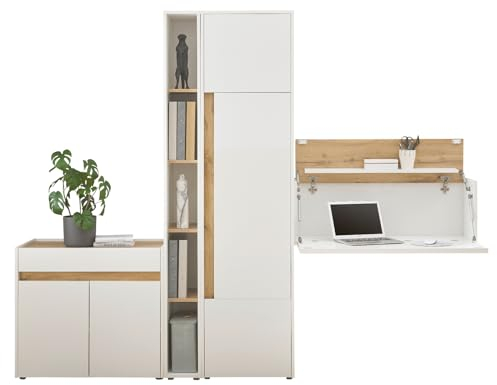 Furn.Design Büromöbel komplett Set in weiß und Eiche Wotan Holz mit Kommode, Sekretär, Standregal und Hochschrank modern für Homeoffice und Büro Büroeinrichtung Kombination Center (Set 3)
