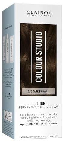 Clairol Colour Studio Permanent Colour Cream | Hair Dye | Long-lasting Rich Tones | 100% Grey Coverage | Dermatologically Tested Vegan Formula | Hair Colouring Kit | Dark Brownie 4/0 | 50ML