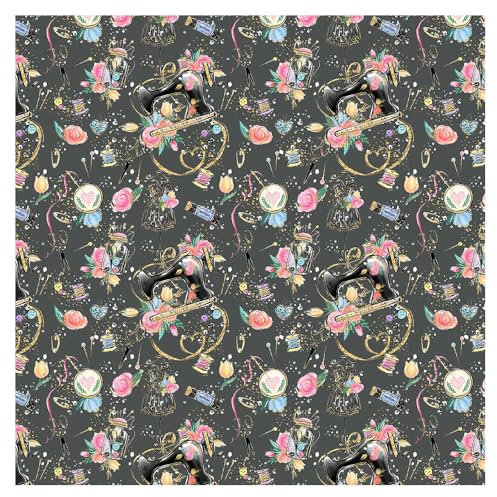 TRIXES Baumwollstoff – Graues Blumen-Nähmaschinendesign – Stickstoff – für Textilhandwerk – Schneiderei – Patchwork – ein Blatt 1 x 1,4 m