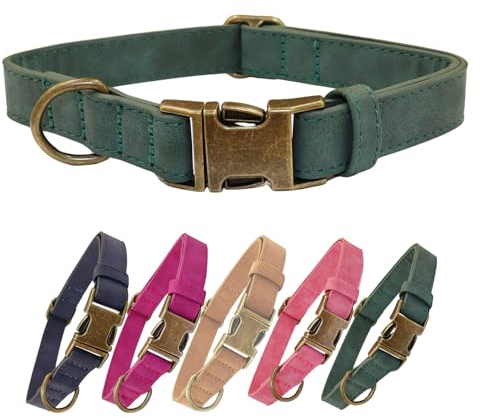 THAIN Soft Leather Dog Collar, Heavy Duty Metal Buckle Padded Dog Collar Quick Release, Adjustable Pet Collar for Small Medium Large Dogs Breeds (Dark Green, L)