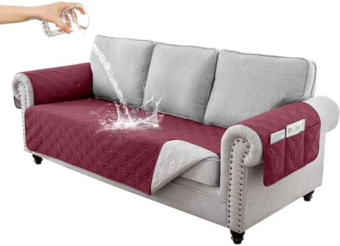 RAPRAP 100% Wasserdicht Sofa überzug, 1/2/3 Sitzer Sofa Bezug mit Armlehnen, Tasche, Waschbare Couch Überzug für Kinder, Haustiere, Hunde,Rot,3 Seater