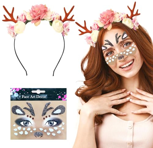 TOPJOWGA Rentier Geweih Haarreif, Rentier Gesicht Tattoos, Rentiergeweih Stirnband Hirschgeweih Haarreifen Blume Horn Kopfbedeckung Weihnachten Karneval Verkleidung Mottoparty Cosplay