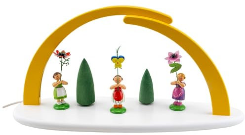 Seiffener Volkskunst | Oster LED Schwibbogen Lichterbogen | 42x21cm | Ideal für Osterdeko | Frühlingsmotiv aus dem Erzgebirge | weiß/gelb | mit Stiefmütterchen Adonisröschen Anemone und Bäumen