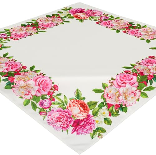 Espamira Tischdecke 85x85 Pfingstrosen Decke Mitteldecke Weiß Pink Stoff Eckig Bedruckt Pflegeleicht Tischdekoration Sommer Rosen 100% Polyester