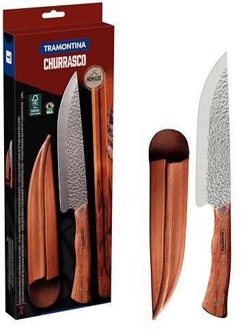 Tramontina NÔMADE Fleischmesser, Edelstahl AISI 420, 20 cm Klinge, Hammerschlag-Finish, FSC-Holzgriff, mit Leder-Etui, Tranchiermesser, BBQ, Grill
