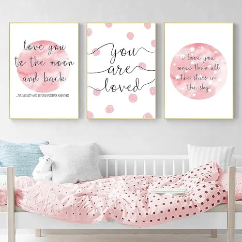 Ich Liebe Dich Bis Zum Mond Und Zurück, Nordische Wandkunst, Bilder, Rosa Mond, Poster, 3-Teiliges Leinwandgemälde Für Kinderzimmer, Mädchen, Babyzimmer-Dekoration 40Cmx50Cmx3Pcs Kein Rahmen