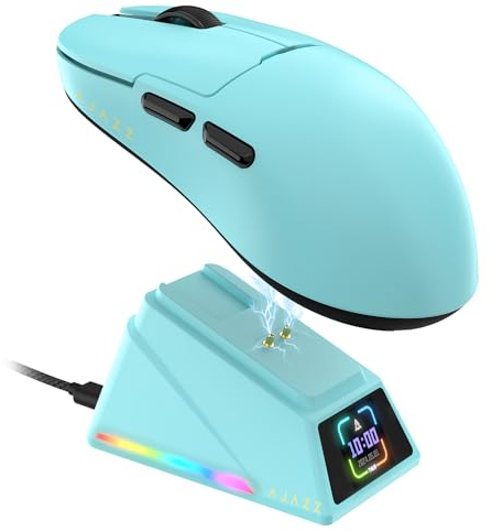 AJAZZ AJ159 APEX 8K Kabellose Gaming-Maus, Magnetische Ladestation mit Screen, Pixart PAW3950 Sensor, Bis zu 42000 DPI, 56g Ultraleicht, 100M Klicks HUANO-Schalter, Tri-Mode Mäuse, für PC/MAC (Blau)