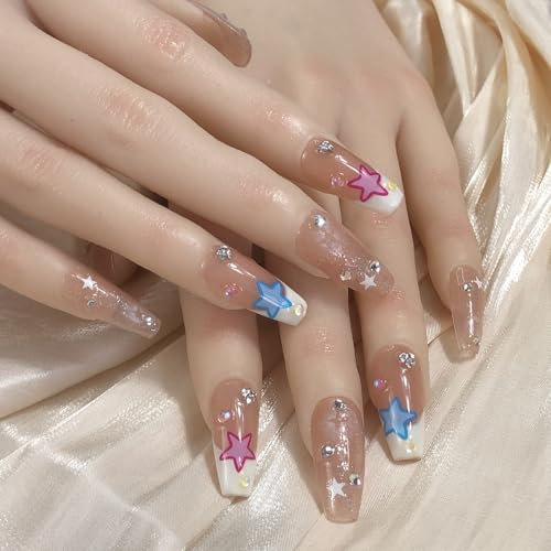 Pure Handmade Nails Y2K Stacked Rhinestone Nude Brown Press on Nail Reusable Glossy Fake Stick on Nails French Tip False Nails 10pcs for Parties Weddings Gift Box with Tools (Q253 S)