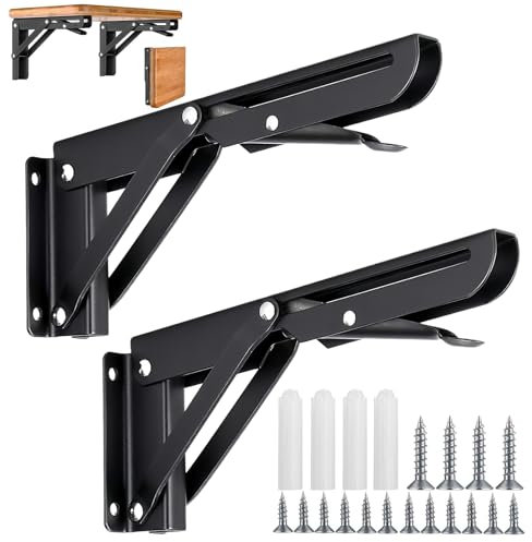 2 Piezas Consolas Plegables Escuadras Metálicas Soporte de Estante Resistente Bisagra de Acero Inoxidable Para Mesa Plegable, Montaje en Pared, Mesa de Pared (Negro)
