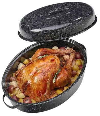 Turkey Roaster Pan 18in Roasting Pan With Lid Enamel Carbon Steel Roaster Pot with 16in Inner Diameter,18 Pound Large Capacity High Temperature Resistance Oval Cookware