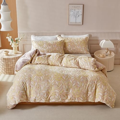 YASMENG Winter Plüsch Bettwäsche 135x200 4teilig Blätter Gelb Beige Plüsch Bettwäsche Winter Warm Hochwertige Weich Kuschelig Flauschige Bettwäsche mit Reißverschluss und 2 Kissenbezüge 80x80 cm