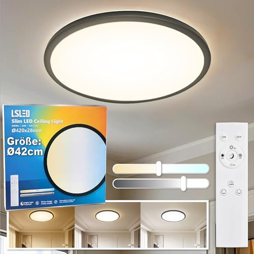 L5L3D LED Deckenleuchte mit Fernbedienung, Φ42x2.8 CM 2700K/4000K/6500K IP44 22W 2900LM Küchelampe LED Deckenlampe mit Backlight-Effekt für Schlafzimmer Badezimmer Bad Wohnzimmer Keller, Schwarz
