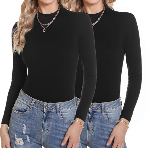 Aottori Rollkragenshirt Damen Langarmshirt Set Elegant Unterziehshirt Dünn Stretch Unterziehrolli Langarm Warm Skiunterwäsche Leicht Slim Fit Basic Tops Schwarz+Schwarz M